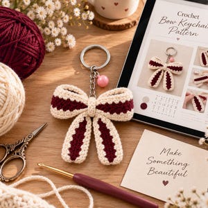 May include: A crochet bow keychain featuring a cream and deep burgundy color scheme. The bow is attached to a silver metal keyring with a small pink bead charm. A tablet screen displays the text Crochet Bow Keychain Pattern with images.