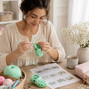 May include: A light mint green crochet keychain shaped like a clog shoe with a metal ring attachment. The keychain features a perforated design and a small black circular accent on the side, crafted using a light green yarn and a crochet hook.
