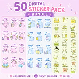 以下が含まれることがあります： ピンク、ブルー、イエローのカラーパレットで描かれた、小さく丸みを帯びたキャラクターのイラスト50種類を含むデジタルステッカーパック。ステッカーには、日常の活動、セルフケアのルーチン、財務タスク、学習習慣などが描かれています。