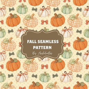Fall Pumpkin Seamless Pattern, Gingham Pumpkin Digital Paper, Autumn Bow Background, Thanksgiving Scrapbook Paper PNG 300 DPI