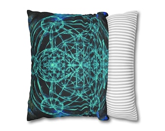 Sfeervolle decoratie | Labradoriet heilige geometrie | Ankh van het worden: Lichtgevende labradoriet | Kussensloop van imitatie suède