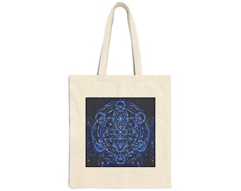 Dark Academia Decor | Sapphire Sacred Geometry |  Ankh of Becoming: Sapphire Cathedral | Premium Cotton Canvas Tote Bag