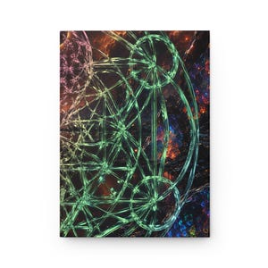 May include: A rectangular notebook featuring a vibrant cover design with a glowing green geometric pattern of intersecting circles and lines layered over a dark, abstract background of fiery orange, deep blue, and textured black cosmic elements.