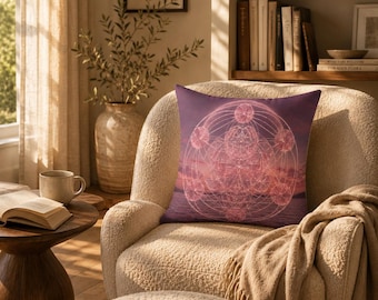 Kristallen wanddecoratie | Roze rozenkwarts heilige geometrie | Ankh van het worden: rozenkwarts omhelzing | Sierkussen van imitatie suède