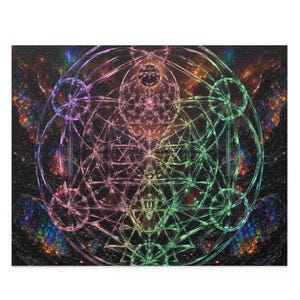 May include: A rectangular jigsaw puzzle featuring a complex geometric pattern of intersecting circles and lines in vibrant gradients of pink, purple, and green. The design is set against a dark, textured background with nebula-like orange and blue accents.