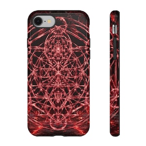 May include: A smartphone case featuring a complex, glowing red geometric pattern against a dark black background. The design includes intricate intersecting lines, circles, and star-like shapes that create a layered, luminous effect across the surface.