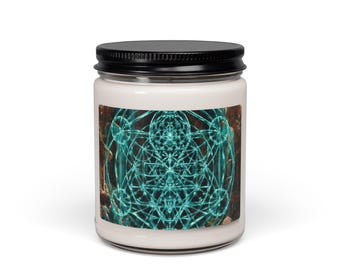 Zen Muurdecoratie | Heilige Geometrie met Blauwe Kristallen | Ankh van Wording: Azuurblauwe Oase | Premium Geurende Sojakaars