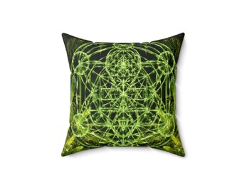 Heksenachtige decoratie | Heilige geometrie met smaragdkristallen | Ankh van het Worden: Smaragdgrotten | Sierkussen van imitatie suède