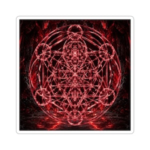 May include: A square sticker featuring a complex, glowing red geometric pattern known as Metatron's Cube. The design consists of intersecting circles and straight lines, creating a symmetrical, intricate web against a dark, textured red background.