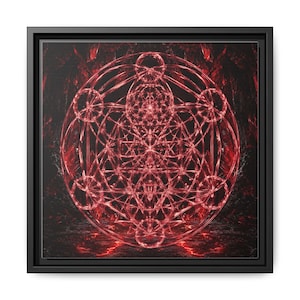May include: A square framed wall art piece featuring a glowing red geometric pattern resembling the Metatron's Cube. The intricate, interconnected lines and circles are set against a dark, textured background with subtle red light reflections.