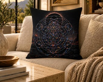 Gotische woondecoratie | Heilige geometrie van zwarte obsidiaan | Ankh van het Worden: Obsidiaansluier | Sierkussen van imitatie suède