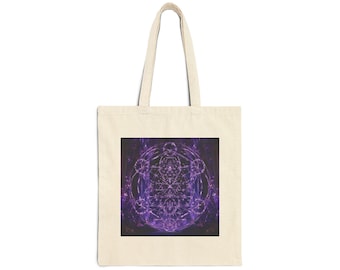 Witchy Decor | Psychedelic Amethyst Sacred Geometry |  Ankh of Becoming: Amethyst Apotheosis | Premium Cotton Canvas Tote Bag