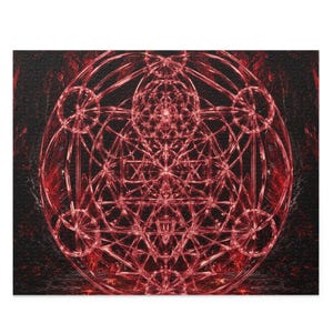 May include: A rectangular jigsaw puzzle featuring a complex, glowing red geometric pattern centred on a dark black background. The design consists of overlapping circles, lines, and intricate sacred geometry shapes that create a luminous effect.