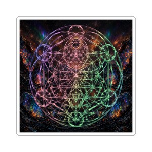 May include: A square sticker featuring a vibrant, glowing geometric pattern of intersecting circles and lines in shades of pink, purple, and green. The design is set against a dark, textured background resembling a cosmic nebula with rocky formations.