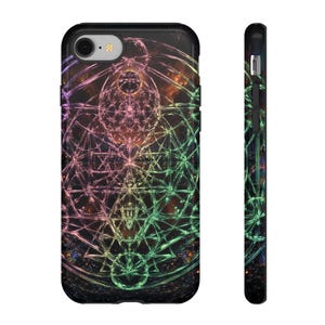 May include: A black smartphone case featuring a vibrant, multi-coloured geometric pattern of intersecting circles and lines in shades of pink, green, and yellow. The design overlays a dark, starry cosmic background, visible from both the back and side.