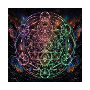 May include: A vibrant, multi-colored geometric pattern featuring intersecting circles and lines, resembling a sacred geometry design. The artwork displays a gradient of pink, purple, and green hues set against a dark, textured cosmic background.
