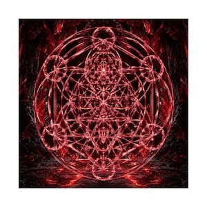 May include: A glowing red geometric structure featuring a complex arrangement of intersecting circles, lines, and triangles. The intricate pattern is composed of thin, luminous red filaments that form a spherical shape against a dark, textured background.
