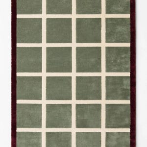 Sage Green Grid Rug with Burgundy Border, Modern Geometric Area Rug, Minimalist Wool Carpet, Contemporary Living Room Rug, Handmade Tufted R