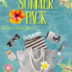 May include: A grey and white striped tote bag with rope handles, containing a striped towel, black sunglasses, a silver camera, a beige perfume bottle, a blue sunscreen tube, and a pink lip gloss, with text reading SUMMER PACK WHAT'S IN MY BAG?