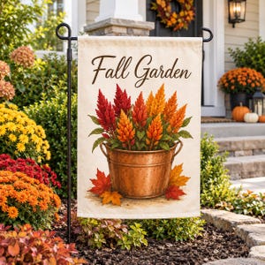 Fall Garden Flag, Autumn Floral Garden Flag, Copper Bucket Fall Yard Decor, Rustic Harvest Outdoor Flag, Seasonal Porch Decor