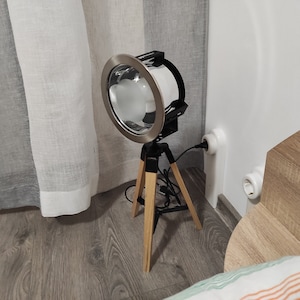 Wooden Industrial Tripod Floor or Desk Lamp from Vintage Truck Headlight Lamp Rear Vintage Lightning Vintage Tripod Floor or Cabinet Lamp