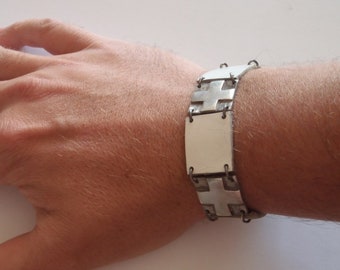 SILVER LEATHER BRACELET Unique White Genuine Leather Bracelet with Sterling Silver fastener and three panels with stylized crosses