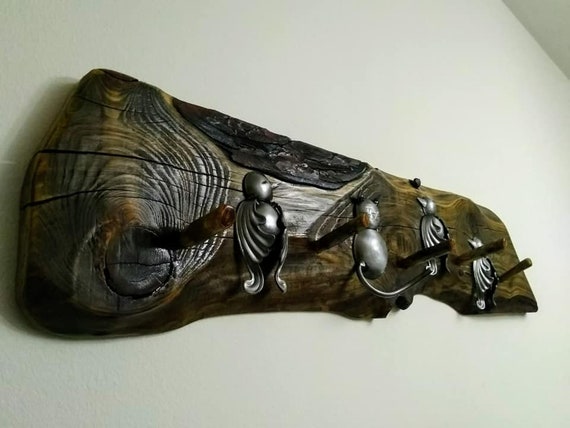 Rustic Wooden and Wrought Iron Coat Entry Hook Rack, Coat Hanger Wall Art Mount, Hand Forged Wood Hook Rack, Coat Hook Rack, Entryway Hooks