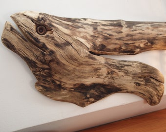 May include: A piece of driftwood carved into the shape of a fish with a circular eye. The wood is a light brown color with dark brown streaks and knots.