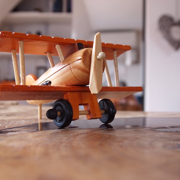 Stunning Vintage Wooden Airplane Old Biplane Model Handmade Wooden Toy Plane Antique Collectable Propeller-driven Aircraft Art Retro Wood