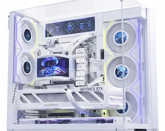 May include: A white computer tower with a glass front and side panel, featuring internal components including a liquid cooling system with a digital display, multiple illuminated fans, white RAM sticks, and a white GeForce RTX graphics card.
