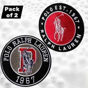 May include: A pack of 2 circular embroidered patches. One patch features a red center with a white polo player logo and the text Polo Est. 1967 Ralph Lauren. The other patch has a gray center with a red letter P, a white polo player, and text.