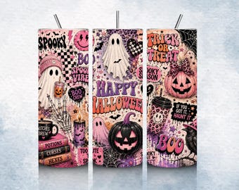 May include: A cylindrical tumbler featuring a vibrant Halloween-themed collage with ghosts, pumpkins, a black crow, and text including "Happy Halloween," "Trick or Treat," "Spooky," and "Witches Brew" in shades of pink, purple, orange, and black.