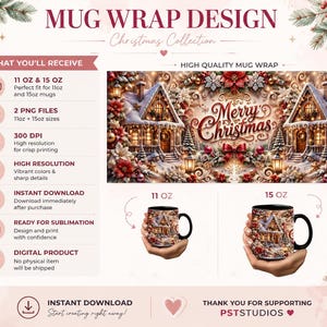 Może przedstawiać: Projekt grafiki na kubek przedstawiający zaśnieżoną wioskę świąteczną z dwoma domami, gwiazdami betlejemskimi i napisem Merry Christmas. Grafika jest pokazana na kubkach o pojemności 325 ml i 445 ml, wraz z informacjami o formatach plik&oacute;w, rozdzielczości 300 DPI i sublimacji.