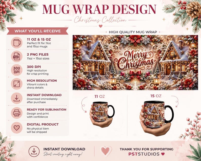 Może przedstawiać: Projekt grafiki na kubek przedstawiający zaśnieżoną wioskę świąteczną z dwoma domami, gwiazdami betlejemskimi i napisem Merry Christmas. Grafika jest pokazana na kubkach o pojemności 325 ml i 445 ml, wraz z informacjami o formatach plik&oacute;w, rozdzielczości 300 DPI i sublimacji.