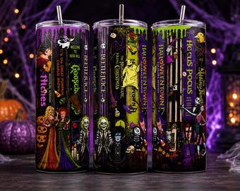May include: Three cylindrical tumblers with metal straws, featuring a wrap-around design of various horror and fantasy movie book spines. The graphics include characters and titles like Beetlejuice, Hocus Pocus, and The Nightmare Before Christmas.
