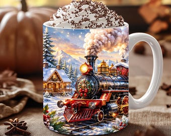 May include: A white ceramic mug featuring a colorful winter scene with a steam locomotive train, a snow-covered cabin, and pine trees. The mug is filled with a beverage topped with a large swirl of whipped cream and dark chocolate shavings.