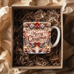 Może przedstawiać: Biały ceramiczny kubek ze świątecznym motywem i napisem Merry Christmas czerwoną czcionką. Grafika przedstawia czerwone gwiazdy betlejemskie, srebrne płatki śniegu, choinki, świecące latarnie oraz czerwoną kokardę ułożone w ozdobny wieniec.