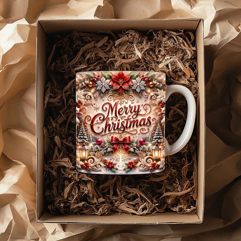 Może przedstawiać: Biały ceramiczny kubek ze świątecznym motywem i napisem Merry Christmas czerwoną czcionką. Grafika przedstawia czerwone gwiazdy betlejemskie, srebrne płatki śniegu, choinki, świecące latarnie oraz czerwoną kokardę ułożone w ozdobny wieniec.