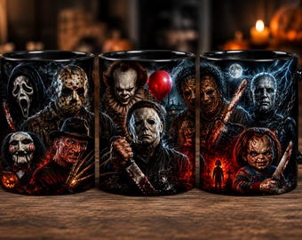 Może przedstawiać: Czarny ceramiczny kubek z nadrukiem graficznym przedstawiającym różne postacie z horrorów, w tym Michaela Myersa, Freddy'ego Kruegera, Jasona Voorheesa, Pennywise'a z czerwonym balonem, Chucky'ego, Ghostface'a i Pinheada na ciemnym tle.