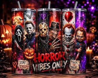 May include: Three cylindrical tumblers with metal straws featuring a horror movie theme. The design displays iconic characters, a pumpkin, a red balloon, and the text "HORROR VIBES ONLY", "STAY CREEPY", and "TRICK OR TREAT" against a dark, splattered background.