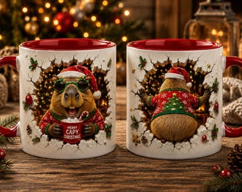May include: Two white ceramic mugs with red interiors and handles. The front features a capybara wearing a Santa hat, sunglasses, and a red sweater, holding a mug labeled Merry Capy Christmas. The back shows the capybara from behind in a sweater.