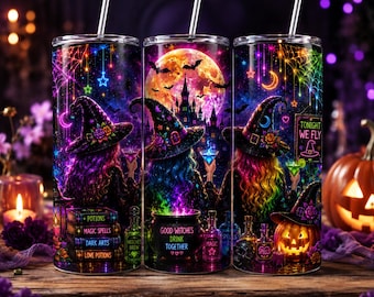 May include: Three cylindrical tumblers with straws featuring a vibrant Halloween-themed graphic. The design displays witches in hats, a glowing full moon, a castle, a bubbling cauldron with the text "GOOD WITCHES DRINK TOGETHER," and books.
