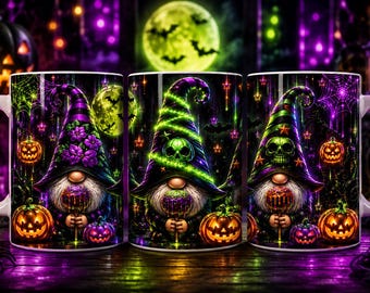 May include: A white ceramic mug featuring a Halloween-themed graphic of three gnomes wearing pointed hats decorated with skulls, stars, and purple flowers, surrounded by glowing jack-o'-lanterns, spiderwebs, and a bright full moon background.