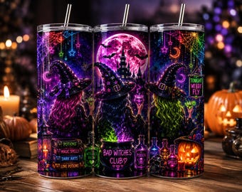 May include: A cylindrical tumbler with a metal straw featuring a vibrant Halloween-themed graphic of three witches, a glowing pink moon, a castle, a cauldron labeled Bad Witches Club, potion bottles, and pumpkins with text including Potions and Spells.