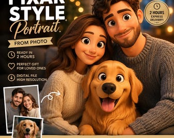 Może przedstawiać: Cyfrowa ilustracja pary i golden retrievera w stylu animacji 3D. Tekst zawiera napisy PIXAR STYLE Portrait FROM PHOTO, READY IN 2 HOURS, PERFECT GIFT FOR LOVED ONES, DIGITAL FILE HIGH RESOLUTION oraz COUPLE FAMILY PET FRIENDS.