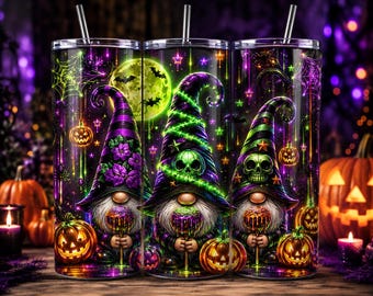 May include: A cylindrical tumbler with a metal straw featuring a vibrant Halloween design. The graphic displays three gnomes in pointed hats, skulls, glowing jack-o'-lanterns, purple flowers, spiderwebs, and a bright green moon against a dark background.