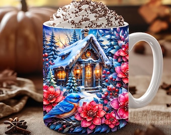May include: A white ceramic mug filled with whipped cream topped with chocolate shavings. The mug features a colorful winter scene with a snow-covered cabin, pine trees, a blue bird, and vibrant red poinsettia flowers surrounding the house.
