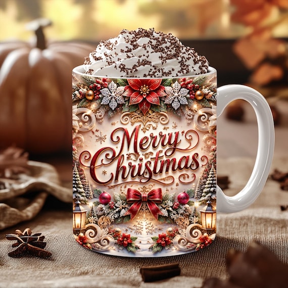 Merry Christmas Mug Wrap PNG, Vintage Holiday Sublimation Design (11oz 15oz)