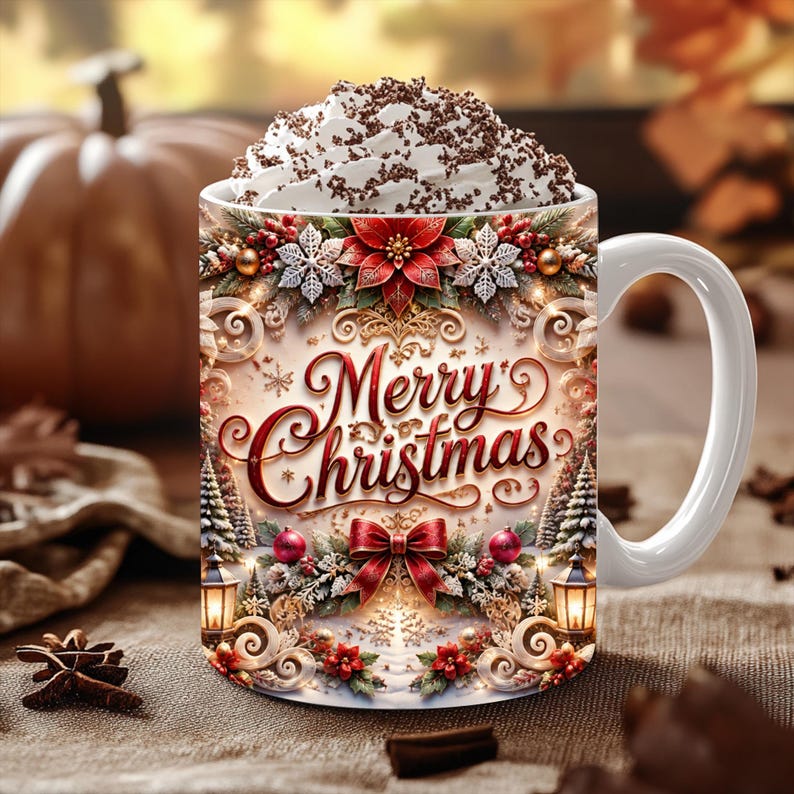 Może przedstawiać: Biały ceramiczny kubek wypełniony bitą śmietaną z wi&oacute;rkami czekoladowymi. Kubek ozdobiony jest świątecznym wzorem z napisem Merry Christmas, czerwonymi gwiazdami betlejemskimi, płatkami śniegu, czerwoną kokardą, choinkami i latarniami.
