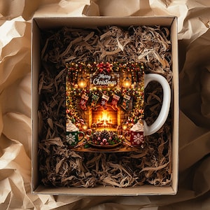 May include: A white ceramic mug featuring a printed scene of a fireplace with stockings, Christmas decorations, and the text Merry Christmas. The mug is placed inside a cardboard box filled with brown paper filler, showing two small mugs nearby.